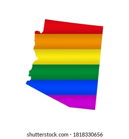 Arizona LGBT flag map. Vector illustration. Slightly wavy rainbow gay pride flag map.