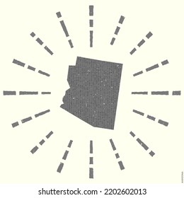 Arizona Logo. Grunge sunburst poster with map of the us state. Shape of Arizona filled with hex digits with sunburst rays around. Authentic vector illustration.