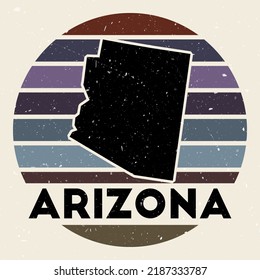 Arizona logo. Sign with the map of us state and colored stripes, vector illustration. Can be used as insignia, logotype, label, sticker or badge of the Arizona.