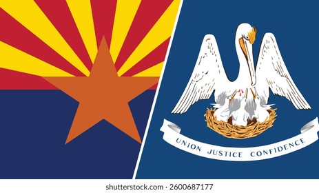 Arizona and Louisiana states grunge brush flags connection, vector
