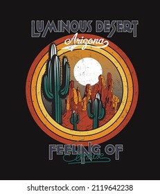 Arizona Luminous Desert, Feeling of Sunrise, Vintage Westerns Mountains hand drawn, color illustration isolated on Retro Cercal. Cactus desert vector design for t-shirt.