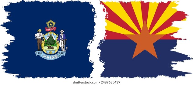 Arizona and Maine states grunge brush flags connection, vector