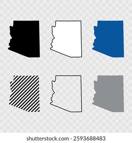 Arizona Map Black,State Border,United States,US America, Transparent Isolated, Variations. Vector. Map of the U.S. state Arizona