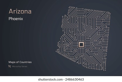 Arizona Map with a capital of Phoenix Shown in a Microchip Pattern. E-government. United States vector maps. Microchip Series	
