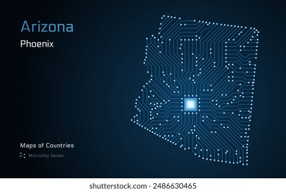 Arizona Map with a capital of Phoenix Shown in a Microchip Pattern. E-government. United States vector maps. Microchip Series	
