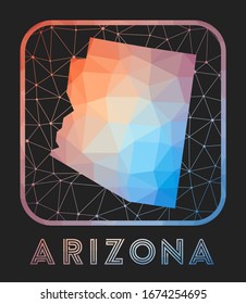 Arizona map design. Vector low poly map of the us state. Arizona icon in geometric style. The us state shape with polygnal gradient and mesh on dark background.