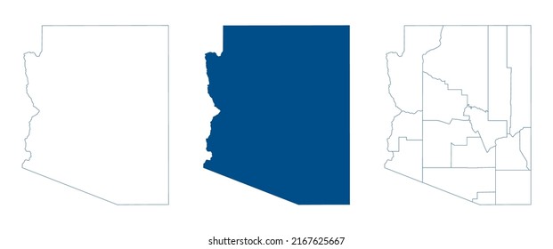 Arizona map. Detailed blue outline and silhouette. Administrative divisions and counties. Set of vector maps. All isolated on white background. Template for design.