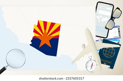 Arizona map and flag, cargo plane on the detailed map of Arizona with flag, passport, magnifying glass and airplane. Vector template.