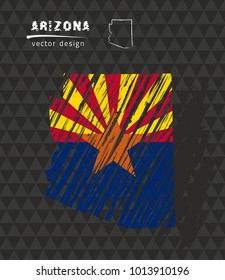 Arizona map with flag inside on the black background. Chalk sketch vector illustration