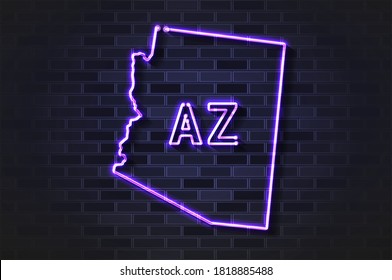 Arizona map glowing neon lamp or glass tube. Realistic vector illustration. Black brick wall, soft shadow.