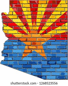 Arizona map on a brick wall - Illustration,  
The state of Arizona map with flag inside