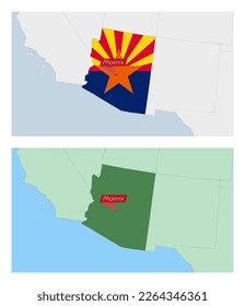 Arizona map with pin of country capital. Two types of Arizona map with neighboring countries. Vector template.