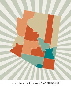 Arizona map. Poster with map of the US state in retro color palette. Shape of Arizona with sunburst rays background. Vector illustration.