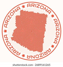 Mapa de Arizona con título redondo. Anillos con forma de estado. Texto de Arizona alrededor de la forma de límite del estado. Ilustración vectorial con clase.
