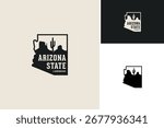 Arizona Map Shape Outline with Monument Valley National Park with Navajo Cacti Cactus Saguaro Desert Silhouette logo design