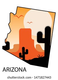 arizona map, skyline with mountains and cacti, vector illustraion 