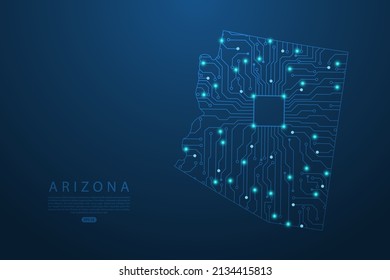Arizona Map - United States of America Map vector with Abstract futuristic circuit board. High-tech technology mash line and point scales on dark background - Vector illustration ep 10