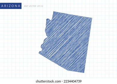 Arizona Map - USA, United States of America Map vector template with blue outline graphic and pen drawing sketch style isolated on white grid background for design - Vector illustration eps 10