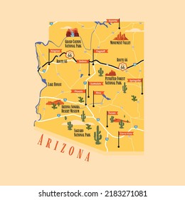 Arizona Map Vector, Travel Map Arizona, Tourist Map