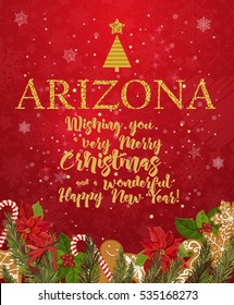 Arizona Merry Christmas and a Happy New Year greeting vector card on red background with snowflakes.