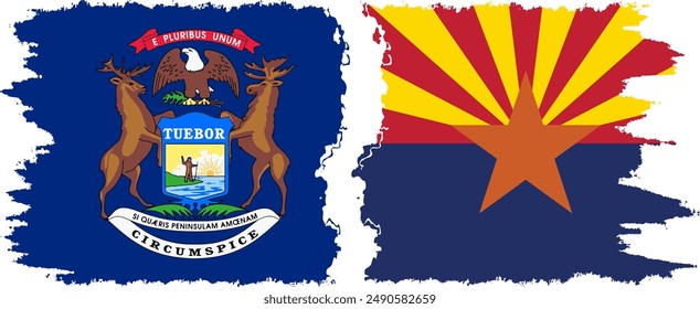 Arizona and Michigan states grunge brush flags connection, vector