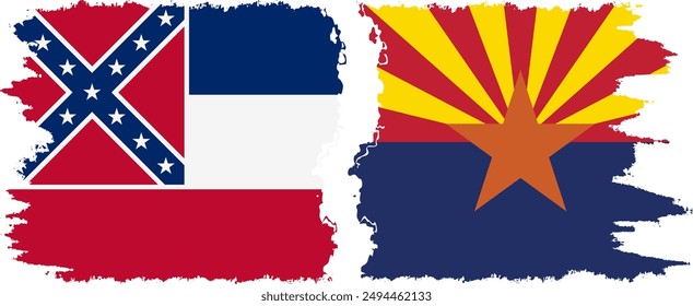 Arizona and Mississippi states grunge brush flags connection, vector