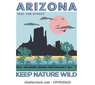 Arizona modern art graphic print. Keep nature wild exploring artwork. Desert vibes t shirt design.