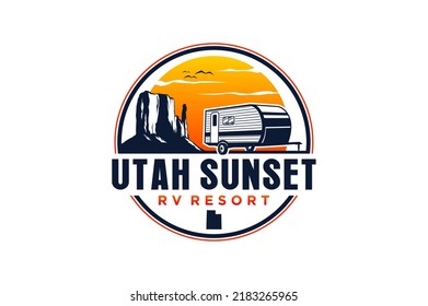 Valle del Monumento de Arizona RV utah logotipo de Van con forma redondeada y puesta de sol 