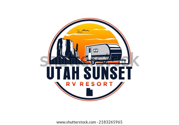 Arizona Monument valley RV utah\
recreational Van logo emblem rounded shape with sunset scene\
