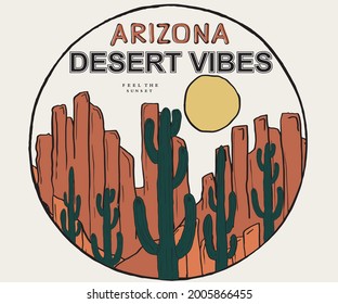Arizona mountain t shirt design. Desert vibes graphic print for fashion. Cactus sticker artwork. 