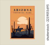 arizona national park minimalist vintage poster illustration template graphic design.cowboy and horse at desert cactus at landscape sunset view for business travel