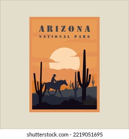 parque nacional arizona diseño gráfico minimalista de carteles vintage.cowboy y caballo en cactus del desierto al atardecer de paisaje para viajes de negocios