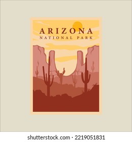 arizona national park minimalist vintage poster illustration template graphic design. mountains cactus desert at landscape view for business travel