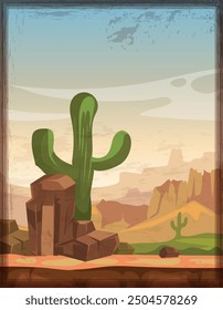 Arizona nature with rock mountain and growing cactus illustration