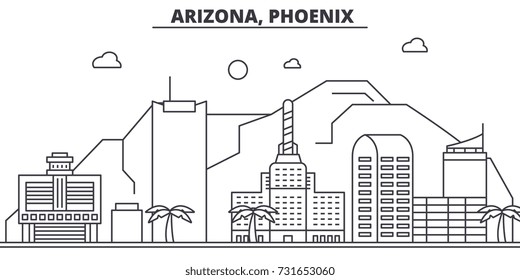 Arizona, Phoenix architecture line skyline illustration. Linear vector cityscape with famous landmarks, city sights, design icons. Landscape wtih editable strokes