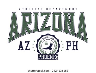 Arizona, Phoenix college style print for t-shirt with eagle. Typography graphics for college or university tee shirt design. Vintage sport apparel print with eagle and grunge. Vector illustration.