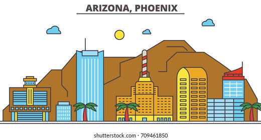 Arizona, Phoenix.City skyline: architecture, buildings, streets, silhouette, landscape, panorama, landmarks, icons. Editable strokes. Flat design line vector illustration concept.