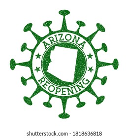 Arizona Reopening Stamp. Green round badge of us state with map of Arizona. Us state opening after lockdown. Vector illustration.