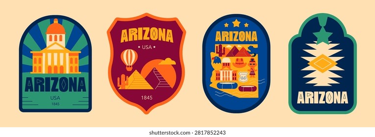 Arizona Retro Badge Set with State Map, Desert Symbols, Vintage Lettering, Travel Labels, National Park Style Stickers, Western Adventure Vector Set