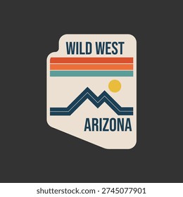 Arizona Retro Map with Mountain Lines and Sunset Sky Perfect for Print, Apparel, etc