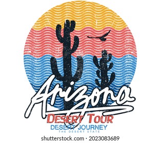 Arizona retro vector print design for t shirt and sweatshirt. Cactus with sun line artwork for apparel and other uses.  You can use another think like patch, sticker, batch etc.