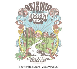 Arizona road trip adventure. Mountain with cactus design. Arizona desert vibes t-shirt print design. Feel the sunset. Mushroom artwork. 