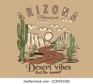 Arizona road trip vintage graphic print design for t shirt. Cactus wild with mountain artwork design.