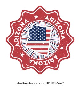 Arizona round grunge stamp with us state map and country flag. Vintage badge with circular text and stars, vector illustration.