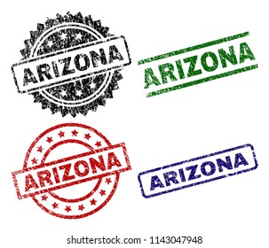 ARIZONA seal prints with damaged style. Black, green,red,blue vector rubber prints of ARIZONA caption with dirty style. Rubber seals with circle, rectangle, medallion shapes.