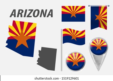 ARIZONA. Set of national infographics elements with various flags, detailed maps, pointer, button and different shapes badges. Patriotic 3d symbols for Sport, Patriotic, Travel, Design, Template.