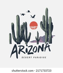 arizona slogan with desert cactus and sunset graphic vector illustration