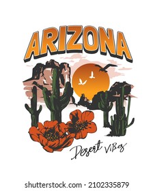 Arizona slogan with desert sunset and cactus background vector illustration