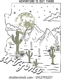 Arizona slogan sketch desert print. Black white desert print.