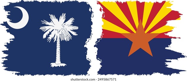 Arizona and South Carolina states grunge brush flags connection, vector